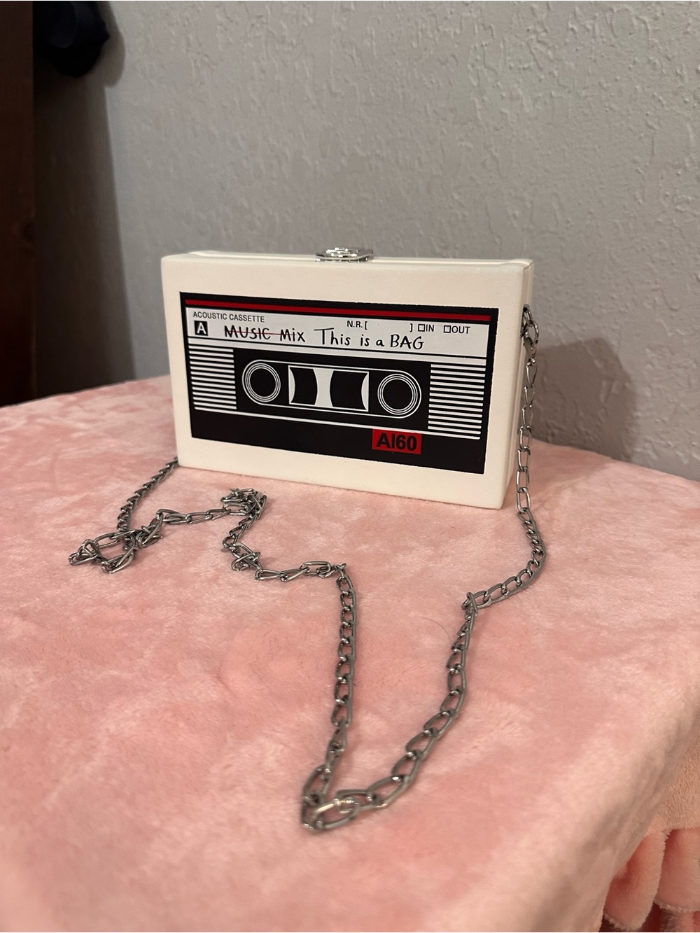 Cassette Tape Box Crossbody Bag in White with Black Graphic